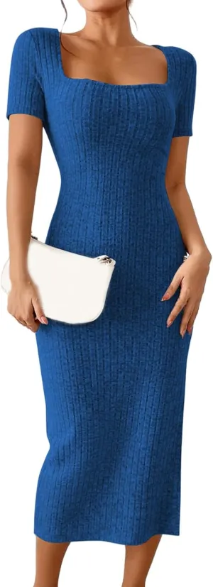 Womens Summer Bodycon Sundress Casual Short Sleeve Square Neck Midi Dresses Ribbed Knit Side Slit Beach Vacation Dress