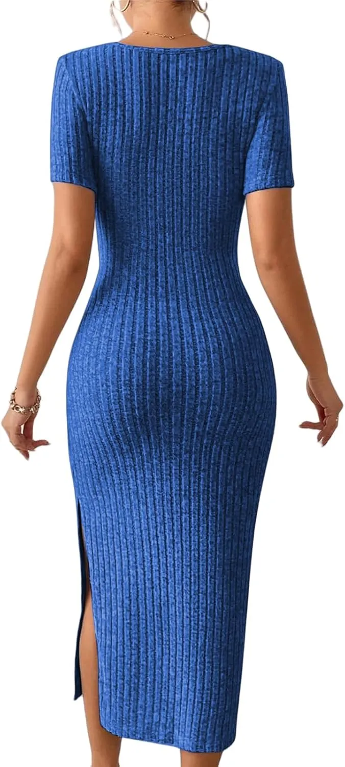 Womens Summer Bodycon Sundress Casual Short Sleeve Square Neck Midi Dresses Ribbed Knit Side Slit Beach Vacation Dress