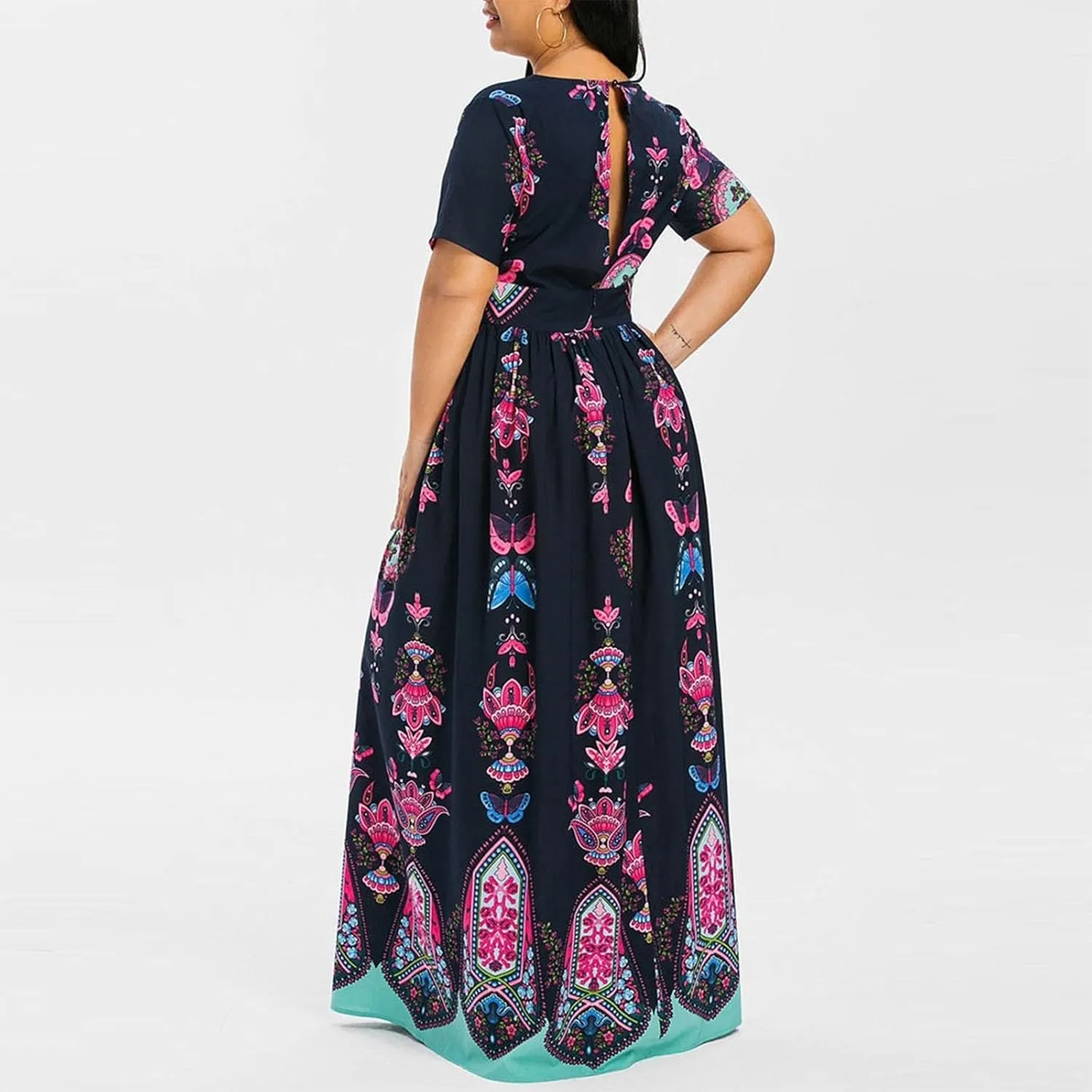 Women's Summer Bohemian Floral Print Split Beach Party Maxi Dress Wrap V Neck Short Sleeve Casual Long Dresses