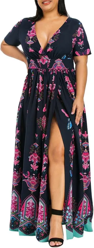 Women's Summer Bohemian Floral Print Split Beach Party Maxi Dress Wrap V Neck Short Sleeve Casual Long Dresses