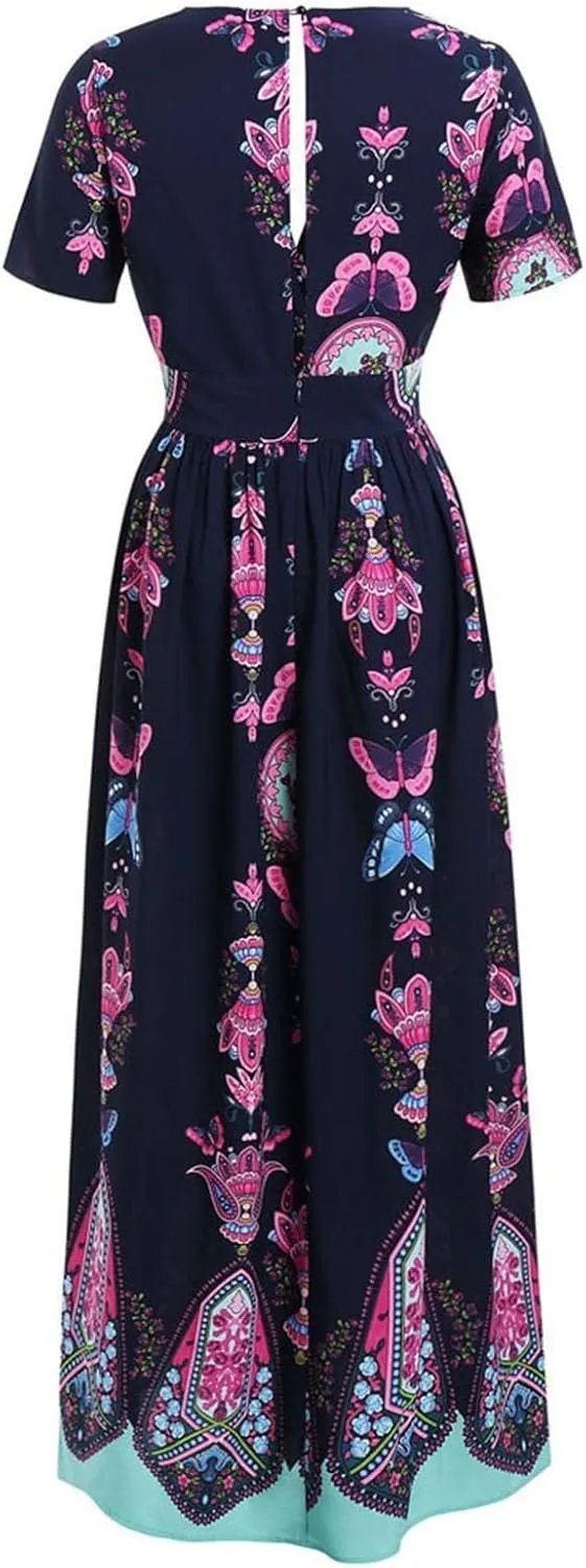 Women's Summer Bohemian Floral Print Split Beach Party Maxi Dress Wrap V Neck Short Sleeve Casual Long Dresses