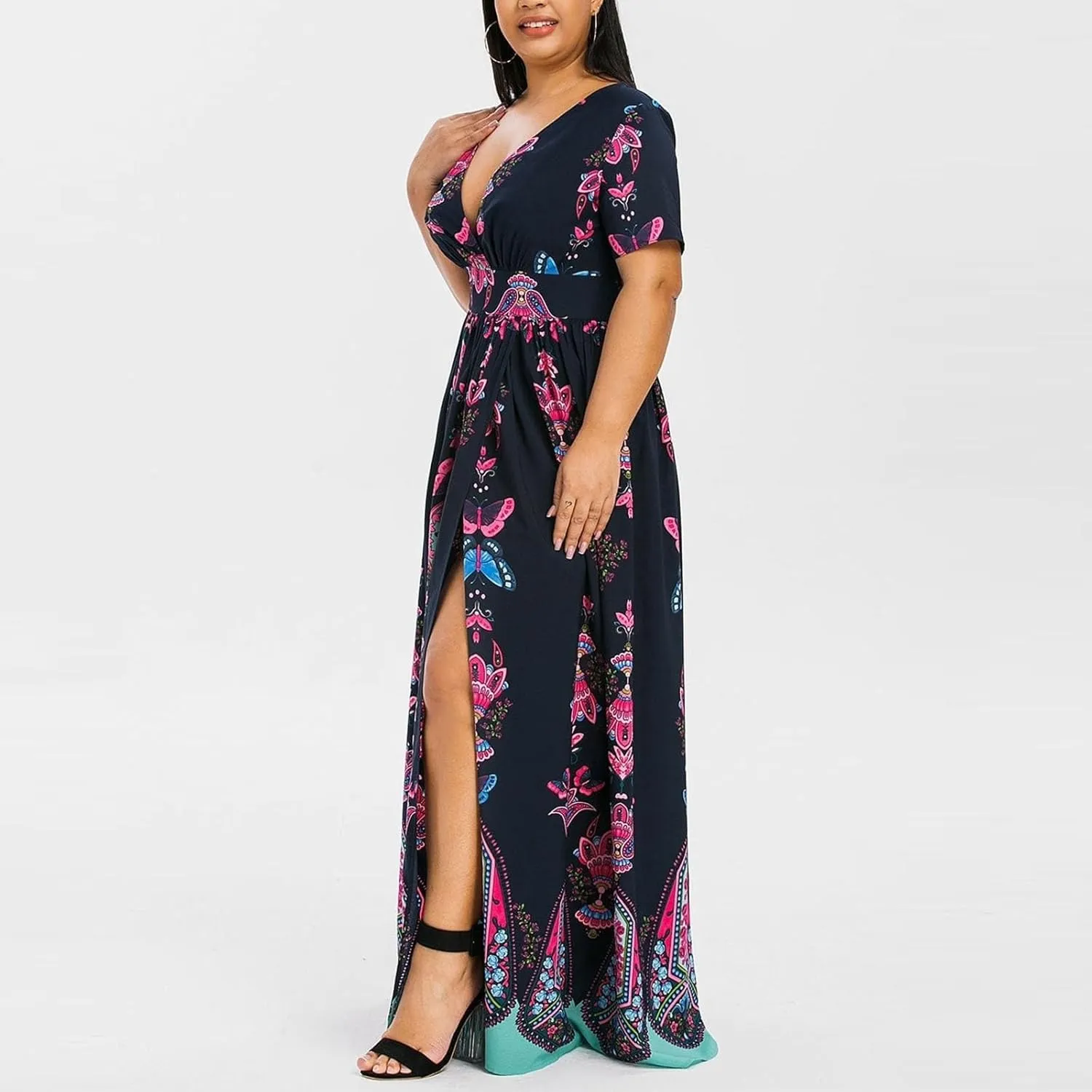 Women's Summer Bohemian Floral Print Split Beach Party Maxi Dress Wrap V Neck Short Sleeve Casual Long Dresses