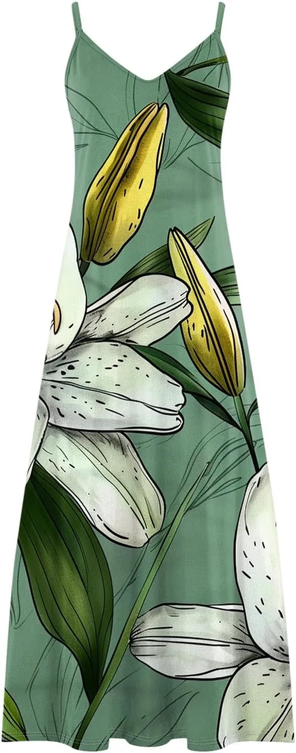 Womens Summer Boho Maxi Dress Spaghetti Strap V-neck Long Sundresses Beach Floral Sexy Loose Flowy Trendy Dresses