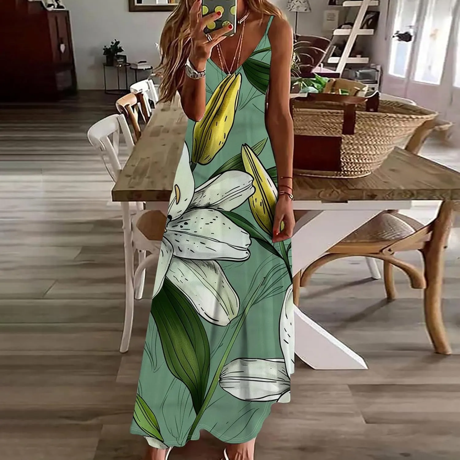 Womens Summer Boho Maxi Dress Spaghetti Strap V-neck Long Sundresses Beach Floral Sexy Loose Flowy Trendy Dresses