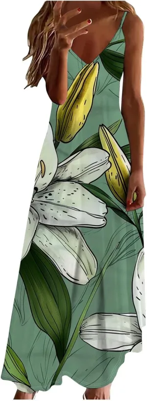 Womens Summer Boho Maxi Dress Spaghetti Strap V-neck Long Sundresses Beach Floral Sexy Loose Flowy Trendy Dresses