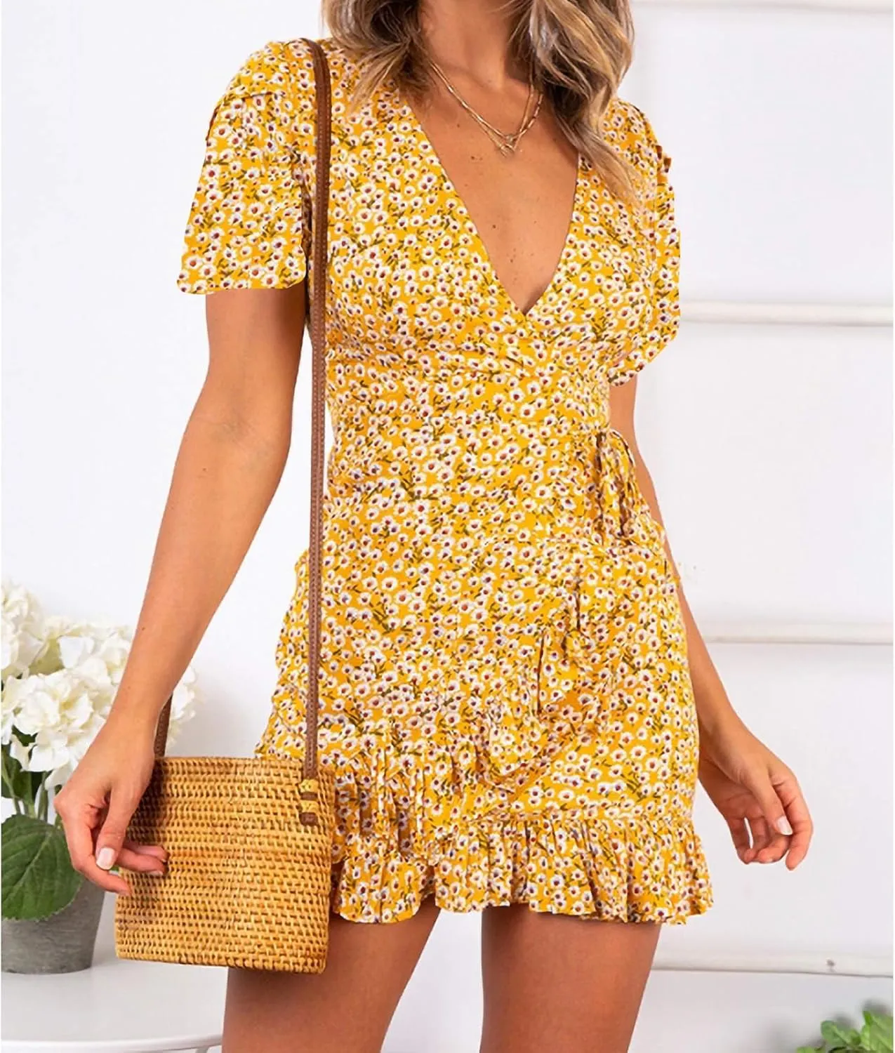 Womens Summer Casual Dresses Loose Boho Floral Printed Tank Mini Short Sleeve Dress Ruffle Tiered Party Beach Sun Dress