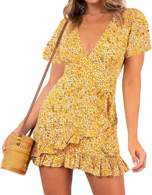 Womens Summer Casual Dresses Loose Boho Floral Printed Tank Mini Short Sleeve Dress Ruffle Tiered Party Beach Sun Dress