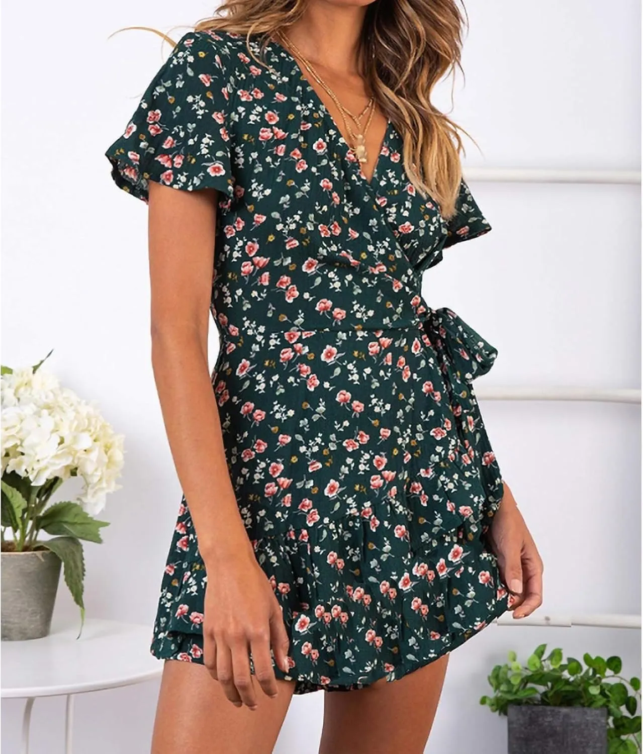Womens Summer Casual Dresses Loose Boho Floral Printed Tank Mini Short Sleeve Dress Ruffle Tiered Party Beach Sun Dress
