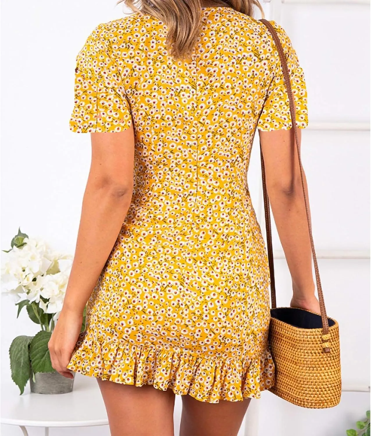 Womens Summer Casual Dresses Loose Boho Floral Printed Tank Mini Short Sleeve Dress Ruffle Tiered Party Beach Sun Dress