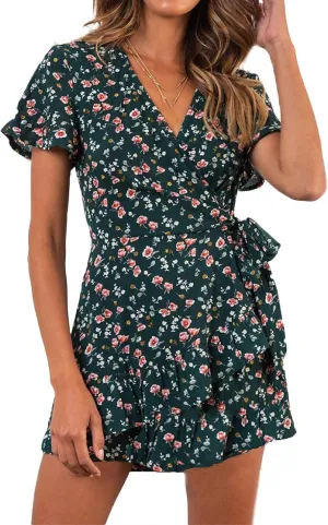 Womens Summer Casual Dresses Loose Boho Floral Printed Tank Mini Short Sleeve Dress Ruffle Tiered Party Beach Sun Dress