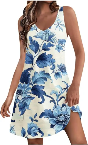 Women's Summer Casual Mini Dresses V-Neck Floral Print Beach Dress Beachwear Sleeveless Sundresses Boho Maxi Dress