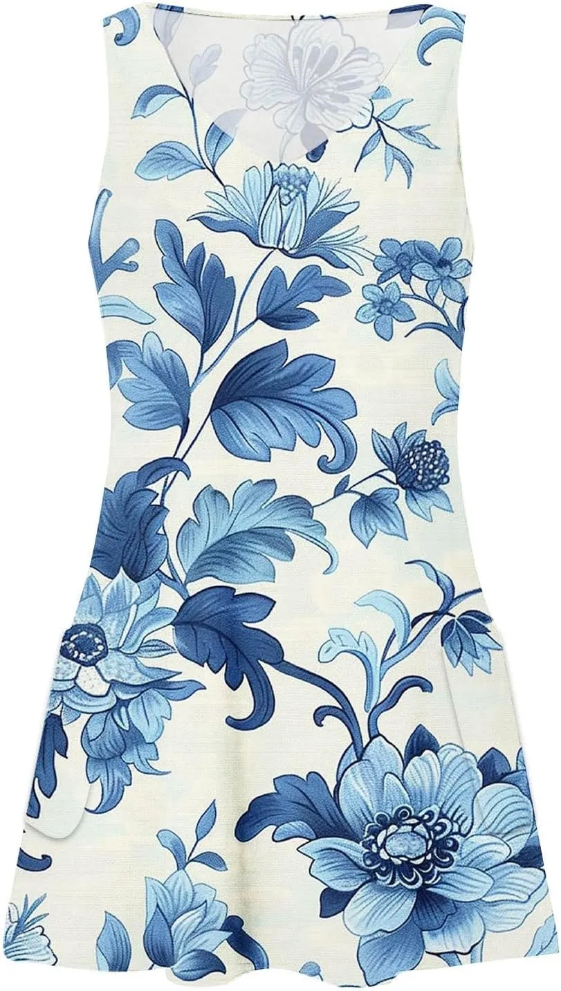 Women's Summer Casual Mini Dresses V-Neck Floral Print Beach Dress Beachwear Sleeveless Sundresses Boho Maxi Dress