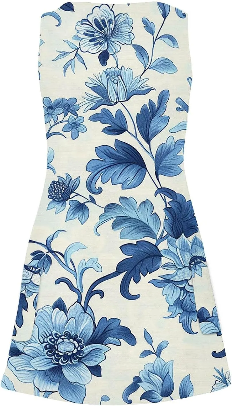 Women's Summer Casual Mini Dresses V-Neck Floral Print Beach Dress Beachwear Sleeveless Sundresses Boho Maxi Dress
