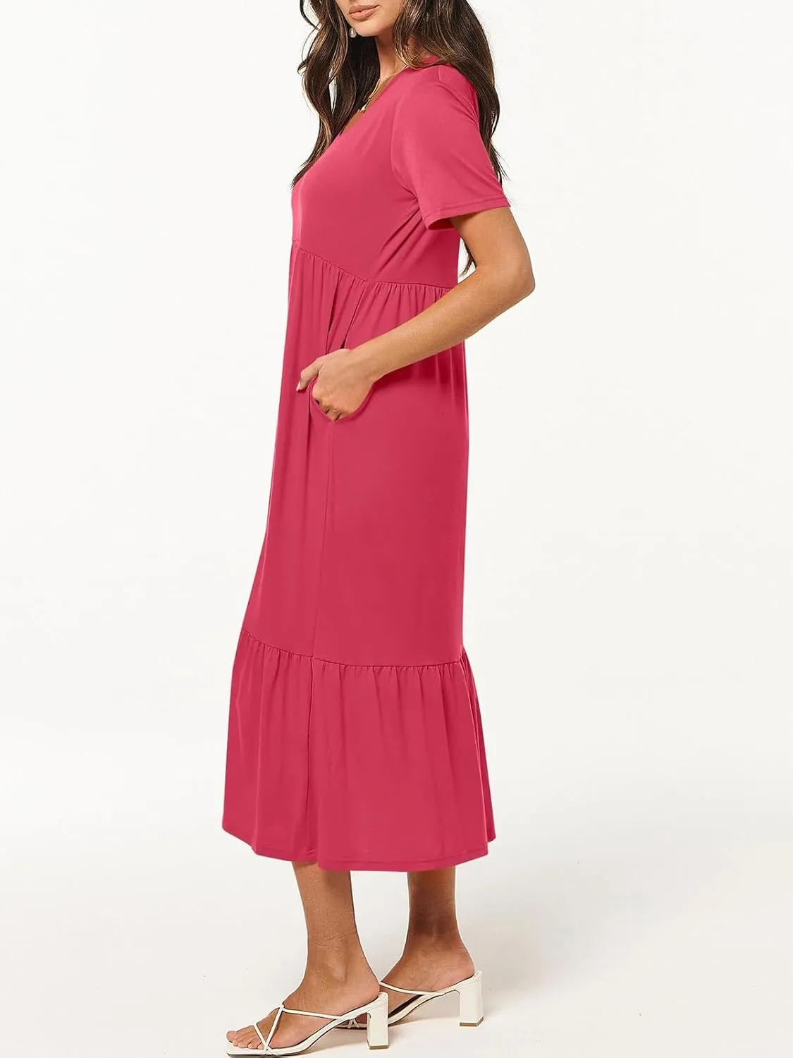Women's Summer Casual Short Sleeve V Neck Swing Dress Casual Flowy Tiered Maxi Beach Dress with Pockets