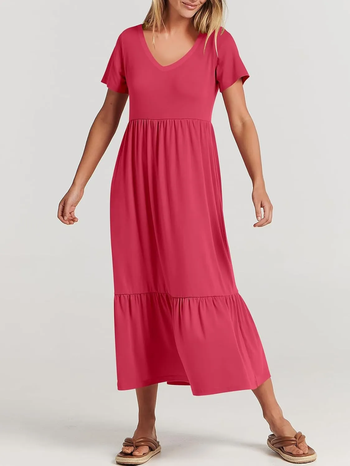 Women's Summer Casual Short Sleeve V Neck Swing Dress Casual Flowy Tiered Maxi Beach Dress with Pockets