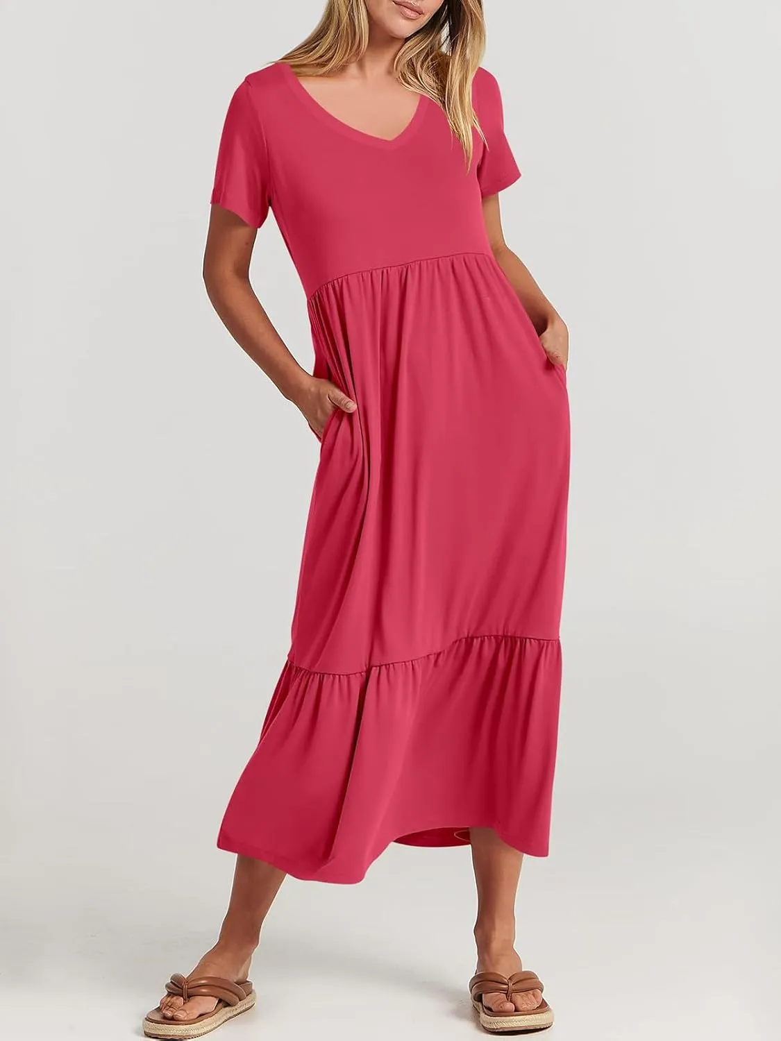 Women's Summer Casual Short Sleeve V Neck Swing Dress Casual Flowy Tiered Maxi Beach Dress with Pockets
