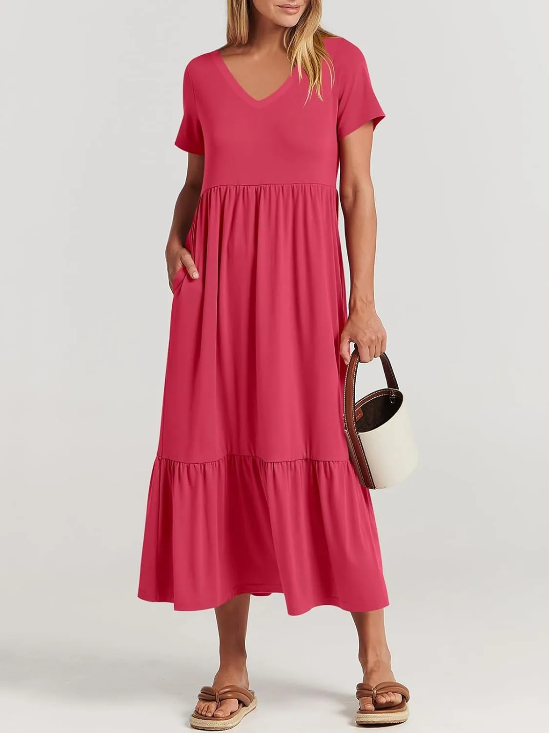 Women's Summer Casual Short Sleeve V Neck Swing Dress Casual Flowy Tiered Maxi Beach Dress with Pockets