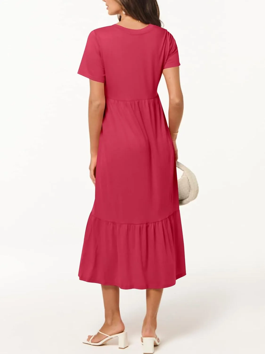 Women's Summer Casual Short Sleeve V Neck Swing Dress Casual Flowy Tiered Maxi Beach Dress with Pockets