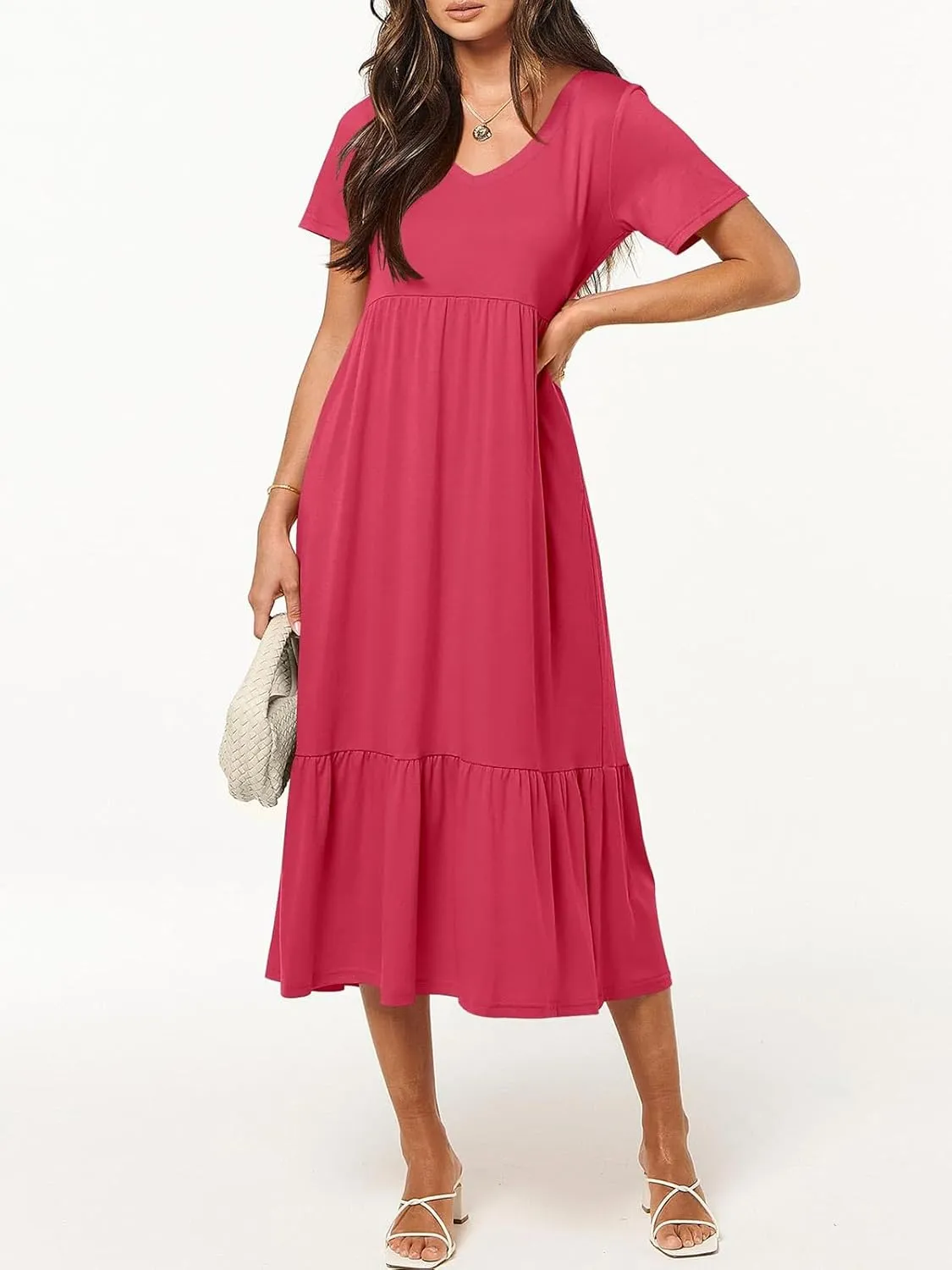 Women's Summer Casual Short Sleeve V Neck Swing Dress Casual Flowy Tiered Maxi Beach Dress with Pockets