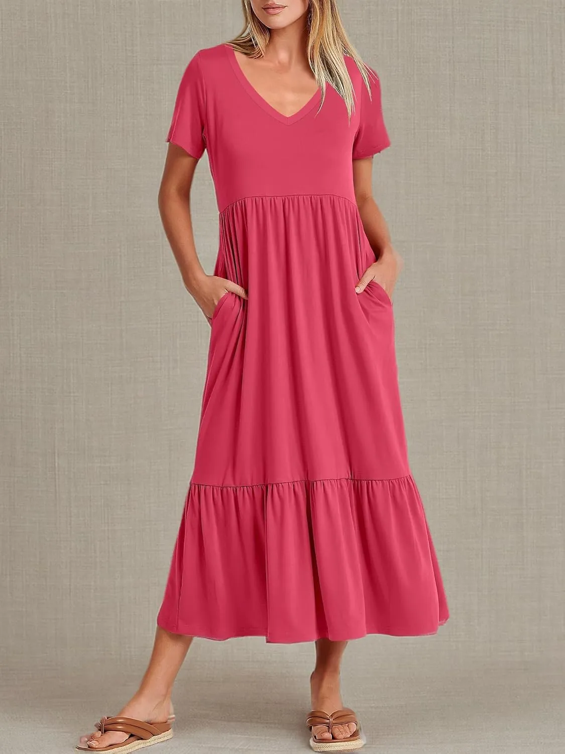 Women's Summer Casual Short Sleeve V Neck Swing Dress Casual Flowy Tiered Maxi Beach Dress with Pockets