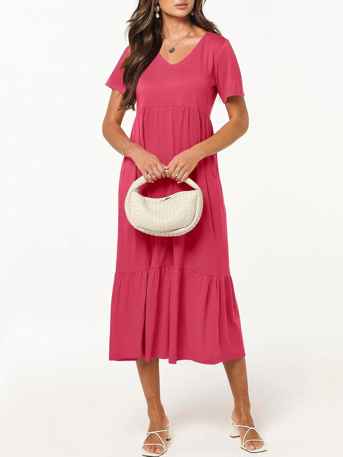 Women's Summer Casual Short Sleeve V Neck Swing Dress Casual Flowy Tiered Maxi Beach Dress with Pockets