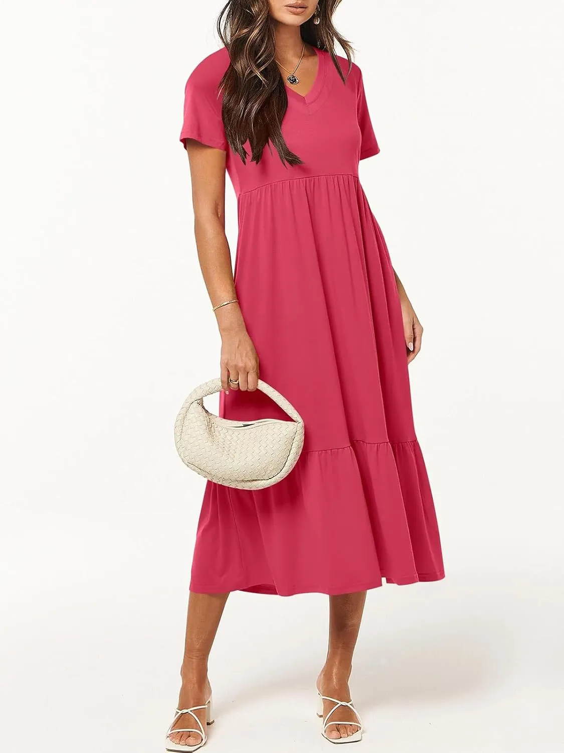 Women's Summer Casual Short Sleeve V Neck Swing Dress Casual Flowy Tiered Maxi Beach Dress with Pockets