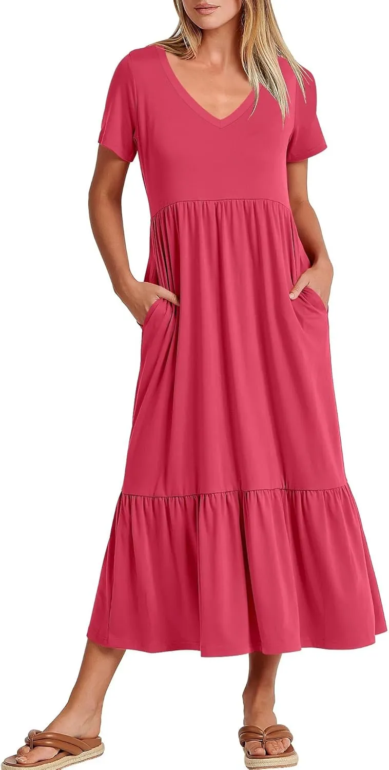 Women's Summer Casual Short Sleeve V Neck Swing Dress Casual Flowy Tiered Maxi Beach Dress with Pockets