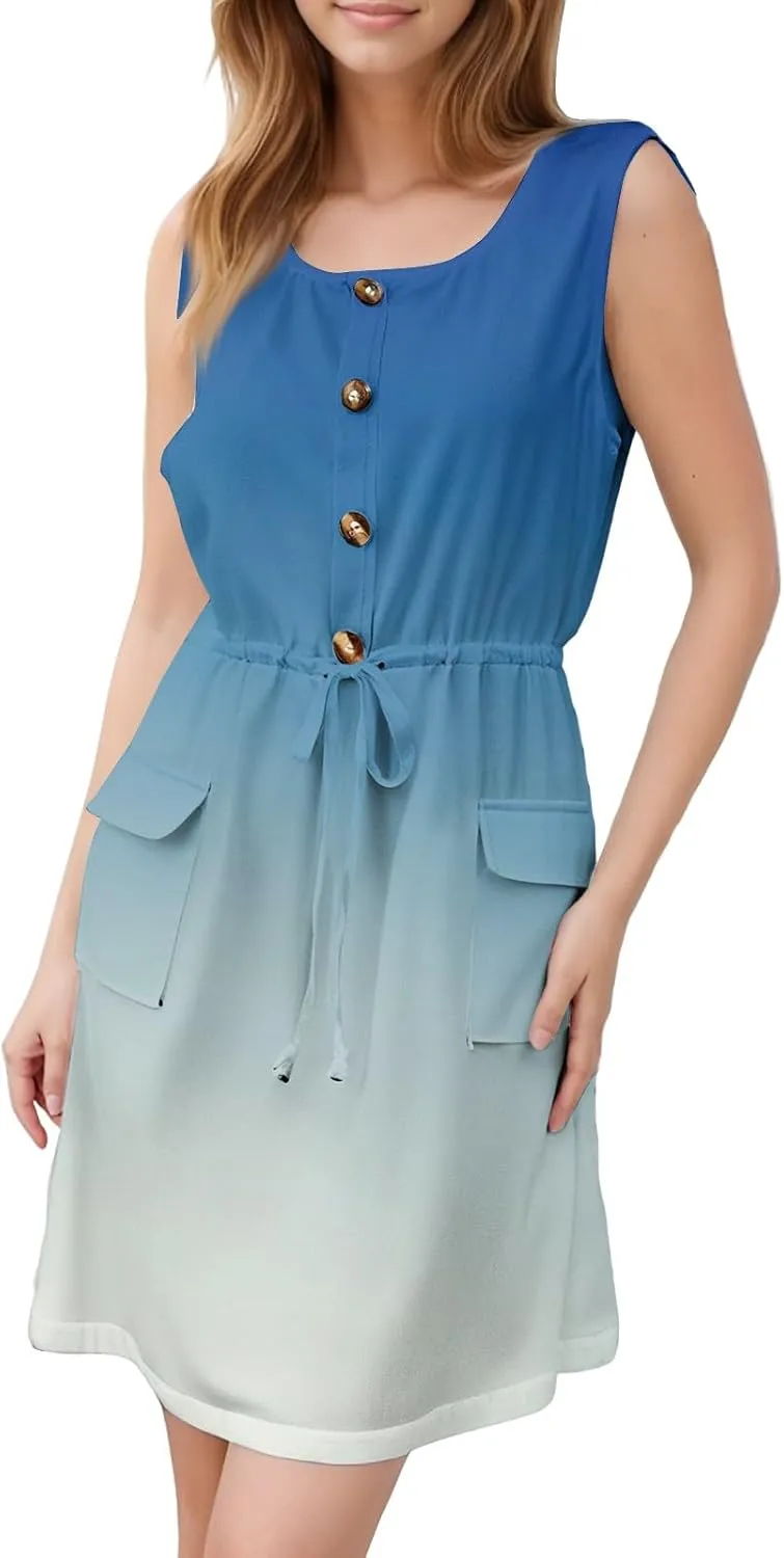 Women's Summer Casual Sleeveless Semi Formal Dress 2025 Empire Waist Button Down Work Dress Going Out Mini Dresses