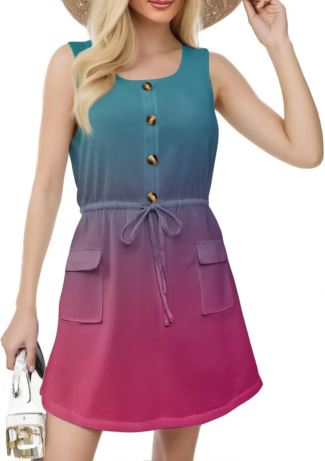 Women's Summer Casual Sleeveless Semi Formal Dress 2025 Empire Waist Button Down Work Dress Going Out Mini Dresses