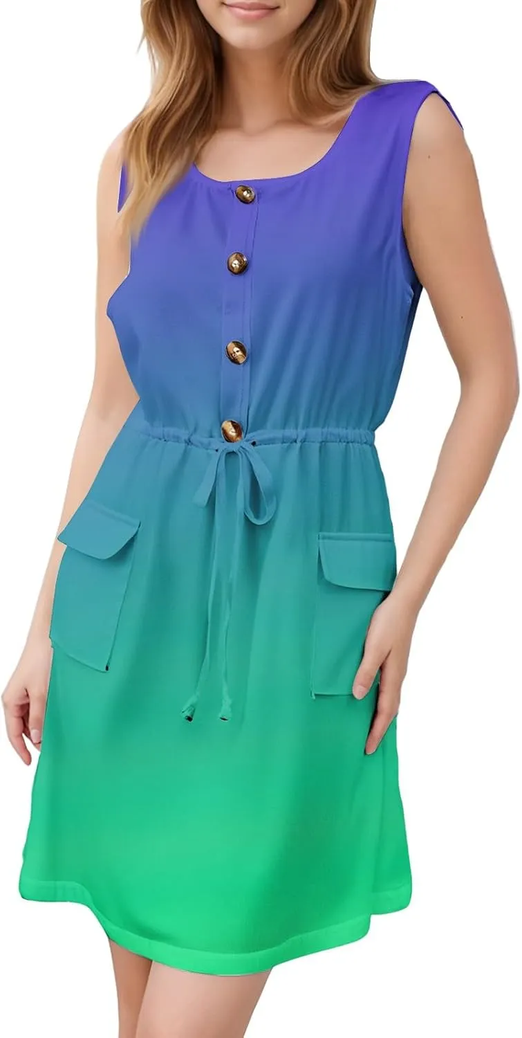 Women's Summer Casual Sleeveless Semi Formal Dress 2025 Empire Waist Button Down Work Dress Going Out Mini Dresses