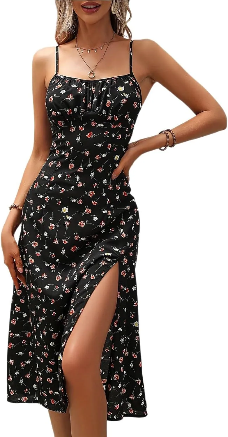 Women's Summer Casual Square Neck Polka Dot Sxey Sleeveless High Waist A-line Sundress Midi Dresses
