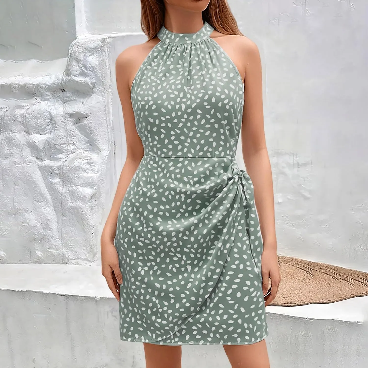 Women's Summer Casual Sundress Halter Neck Floral Summer Tie Waist Casual Dress Zipper Back Vacation Beach Dresses