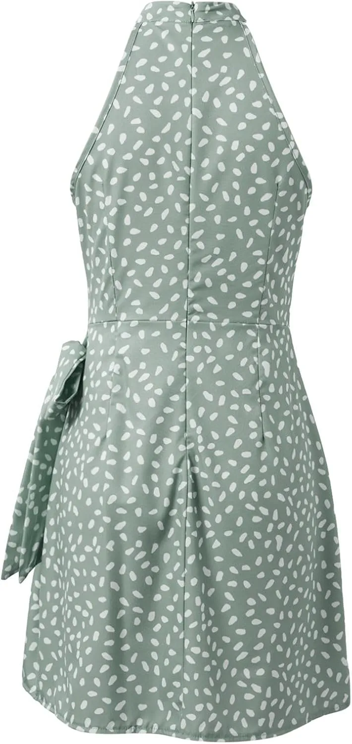 Women's Summer Casual Sundress Halter Neck Floral Summer Tie Waist Casual Dress Zipper Back Vacation Beach Dresses