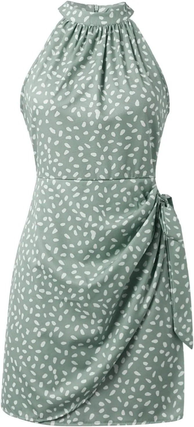 Women's Summer Casual Sundress Halter Neck Floral Summer Tie Waist Casual Dress Zipper Back Vacation Beach Dresses