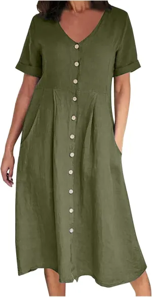 Women's Summer Casual V-Neck Button Down Shirt Dress Solid Short Sleeve Cotton Linen Dress Plus Size Maxi Dress