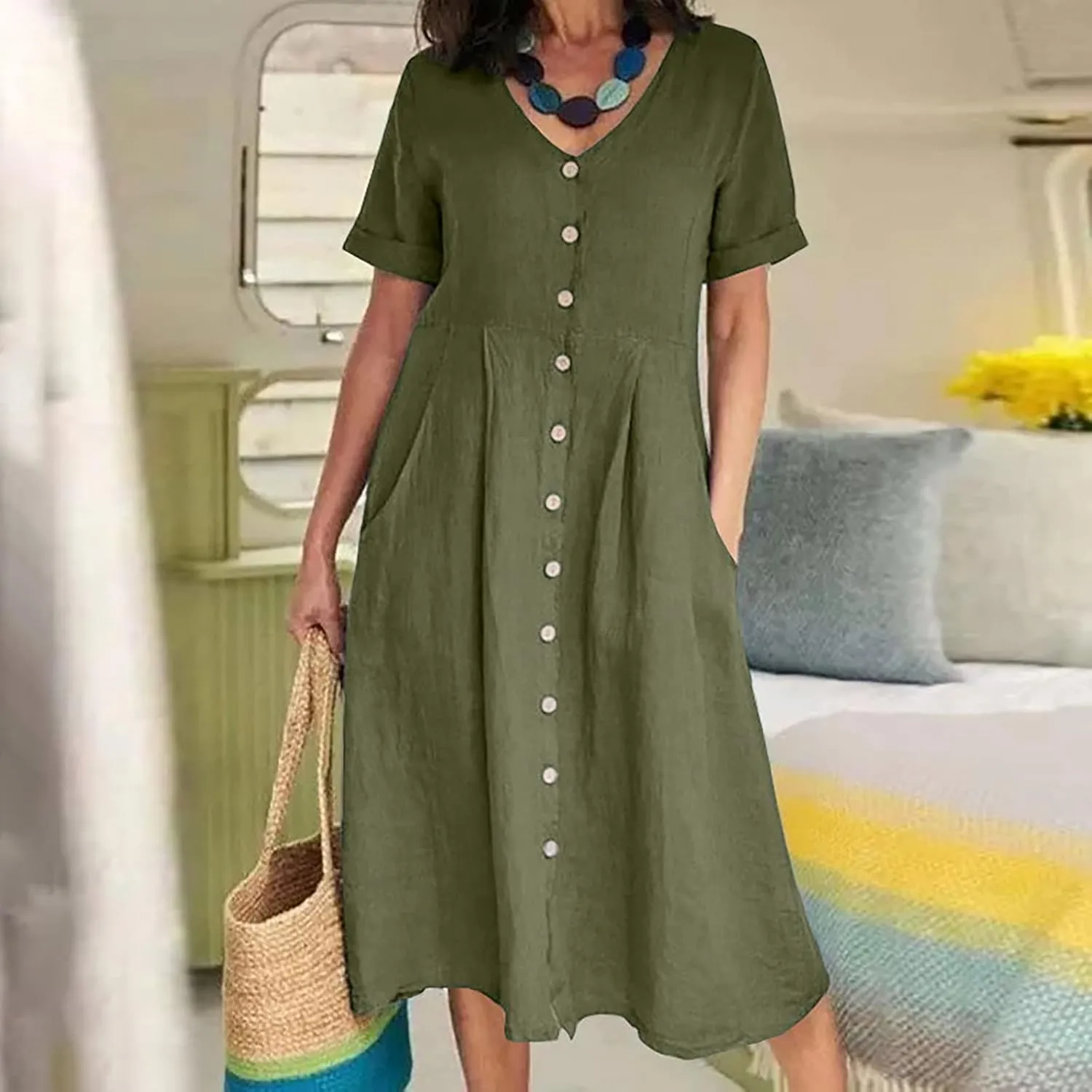 Women's Summer Casual V-Neck Button Down Shirt Dress Solid Short Sleeve Cotton Linen Dress Plus Size Maxi Dress