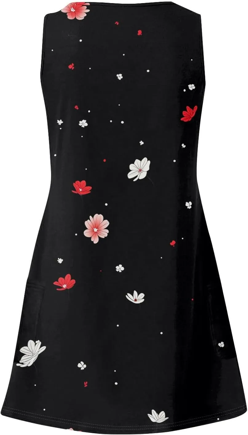 Women's Summer Clothes Sleeveless Crew Neck Floral Beach Boho Vintage Flowy Mini Dress Spring, S-3XL