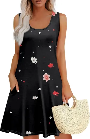 Women's Summer Clothes Sleeveless Crew Neck Floral Beach Boho Vintage Flowy Mini Dress Spring, S-3XL