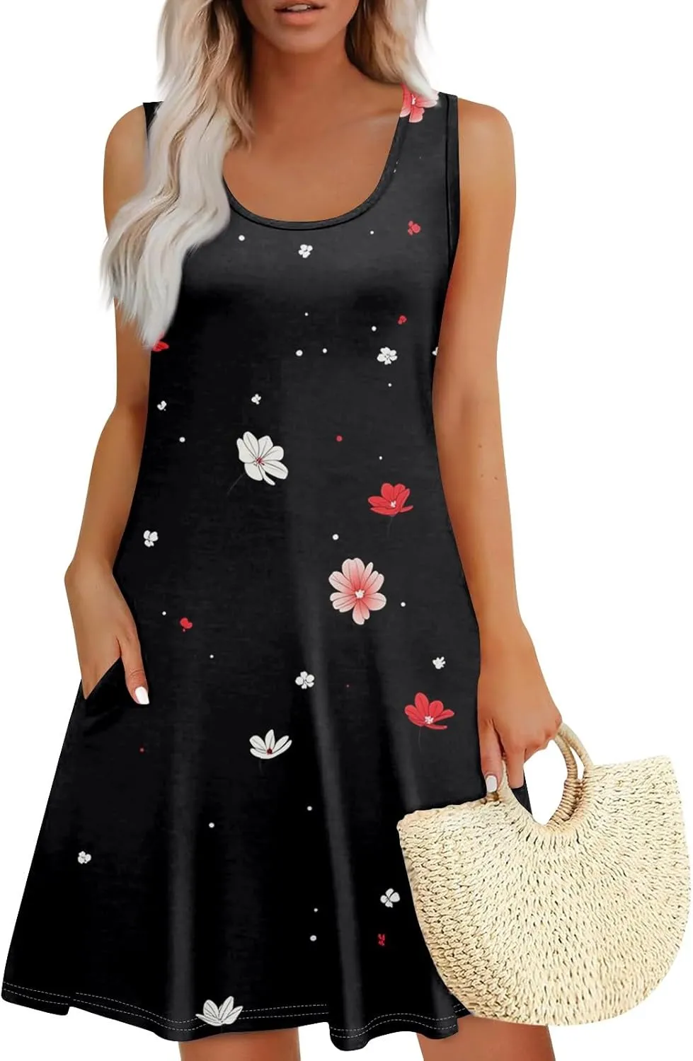 Women's Summer Clothes Sleeveless Crew Neck Floral Beach Boho Vintage Flowy Mini Dress Spring, S-3XL