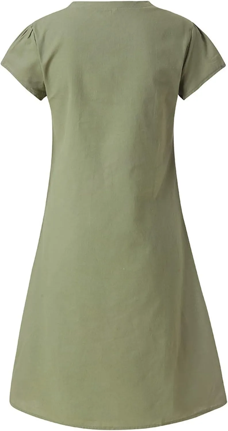 Women's Summer Cotton Linen Dress Loose V-Neck Short Sleeve T-Shirt Dress Solid Beach Dress Casual Maxi Dresses