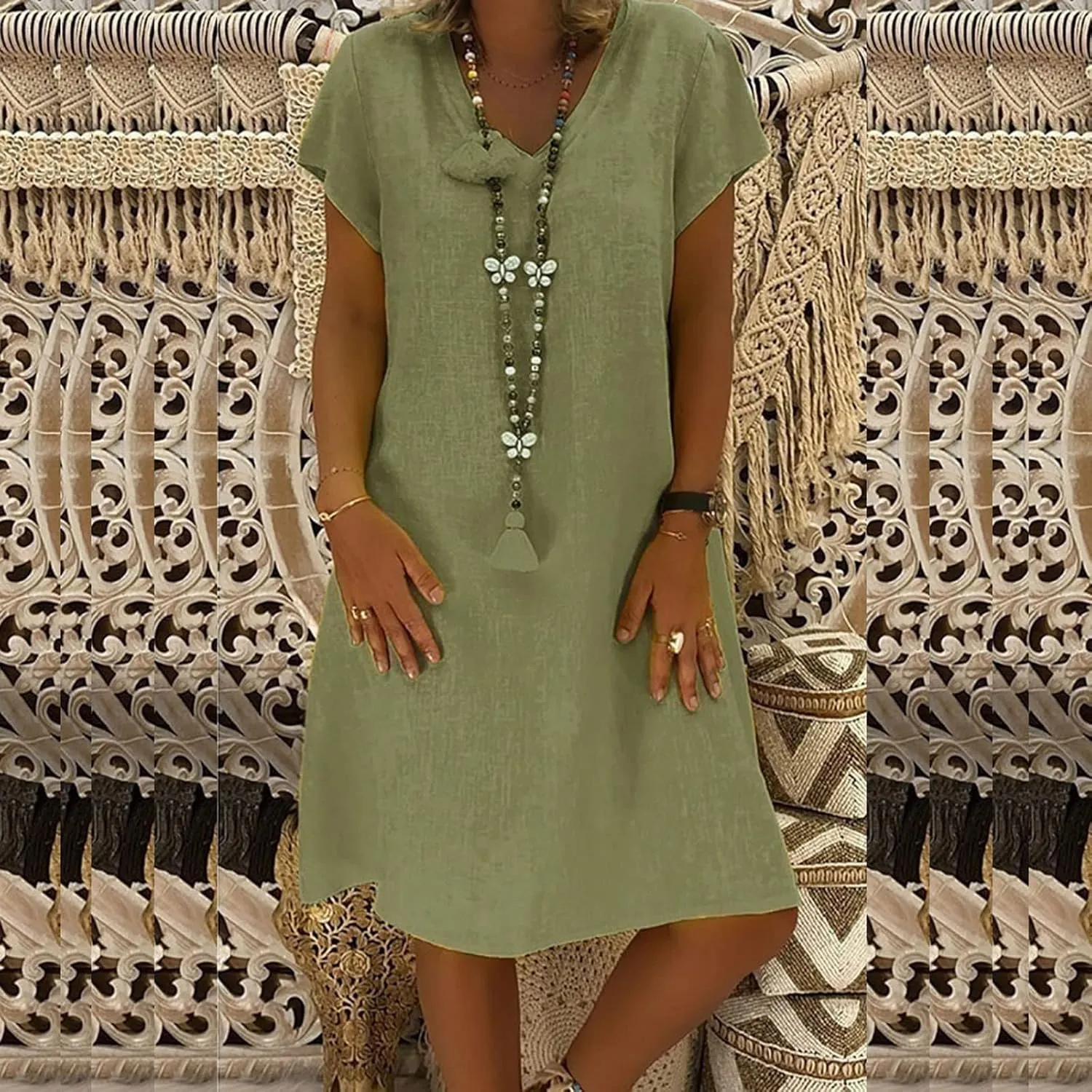 Women's Summer Cotton Linen Dress Loose V-Neck Short Sleeve T-Shirt Dress Solid Beach Dress Casual Maxi Dresses