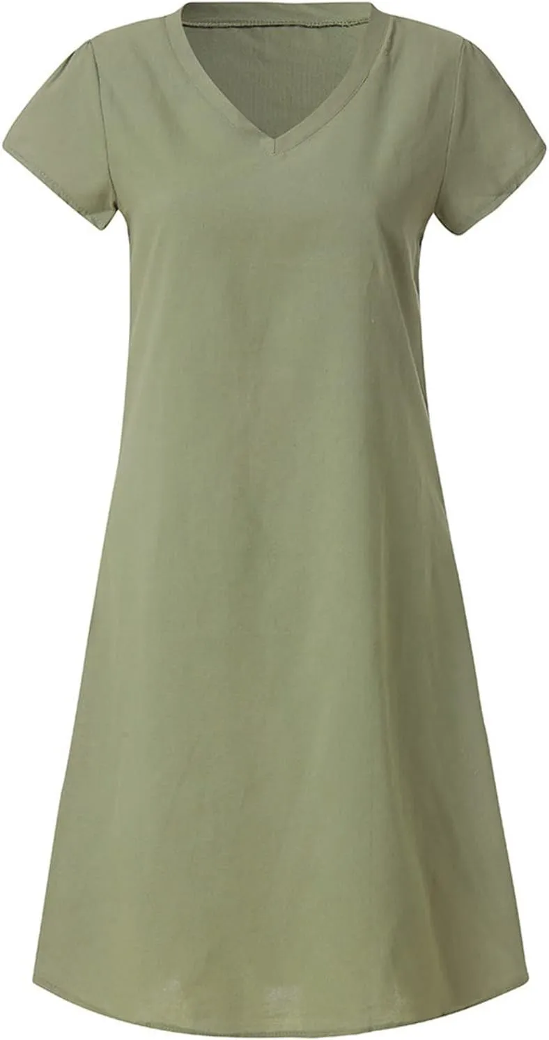 Women's Summer Cotton Linen Dress Loose V-Neck Short Sleeve T-Shirt Dress Solid Beach Dress Casual Maxi Dresses
