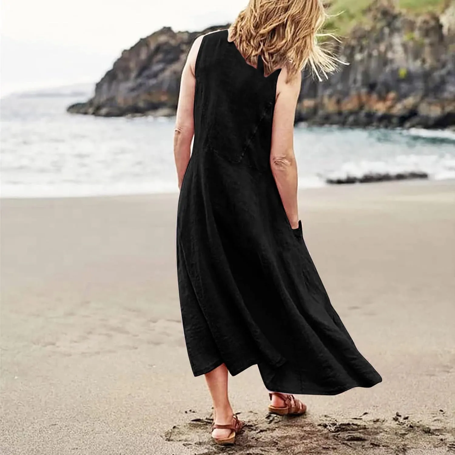 Women's Summer Cotton Linen Dress Sleeveless Elegant Flowy Dresses 2025 Plus Size Loose Comfy Dress with Pockets