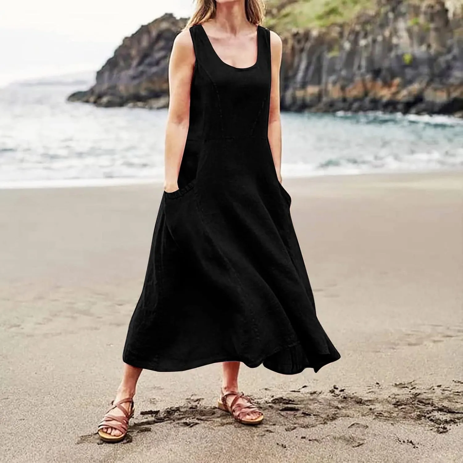 Women's Summer Cotton Linen Dress Sleeveless Elegant Flowy Dresses 2025 Plus Size Loose Comfy Dress with Pockets