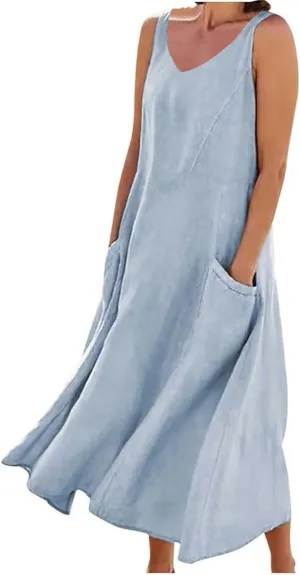Women's Summer Cotton Linen Long Dress Sleeveless Elegant Flowy Dresses Plus Size Loose Comfy Dresses with Pockets