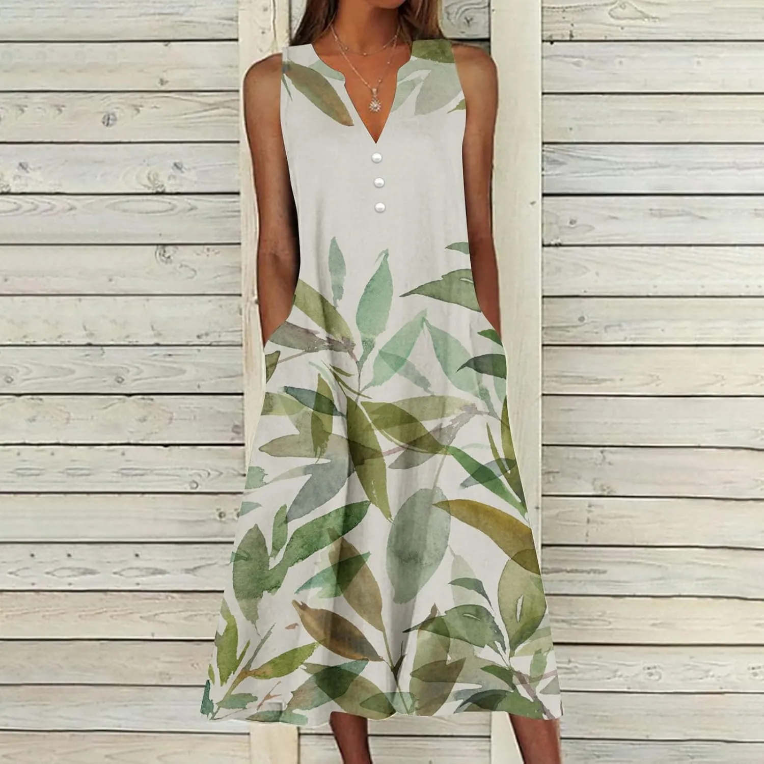 Women's Summer Design Casual Dress Sleeveless V-Neck Dress with Pockets Loose Flowy Swing Pleated Long Beach Dress