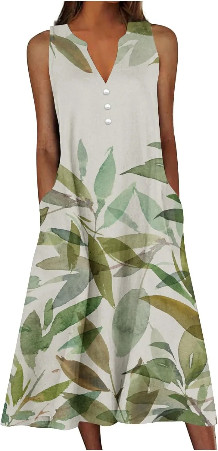 Women's Summer Design Casual Dress Sleeveless V-Neck Dress with Pockets Loose Flowy Swing Pleated Long Beach Dress