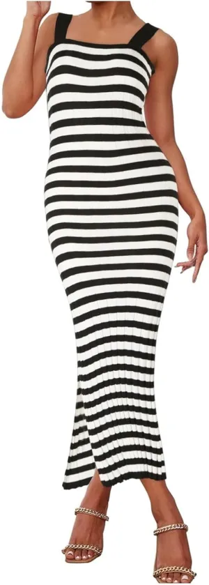 Women's Summer Dress Sleeveless Spaghetti Strap Striped Maxi Dress Casual Party Dresses Beach Long Dress