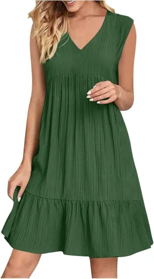 Womens Summer Dress Sleeveless V Neck Mini Dresses Fashion Casual Flowy Boho Ruffle A Line Swing Sundress 2025