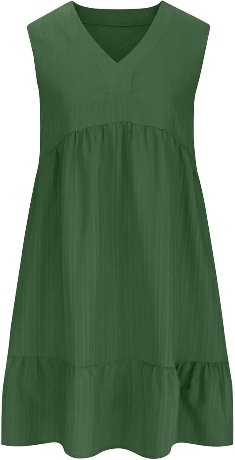 Womens Summer Dress Sleeveless V Neck Mini Dresses Fashion Casual Flowy Boho Ruffle A Line Swing Sundress 2025